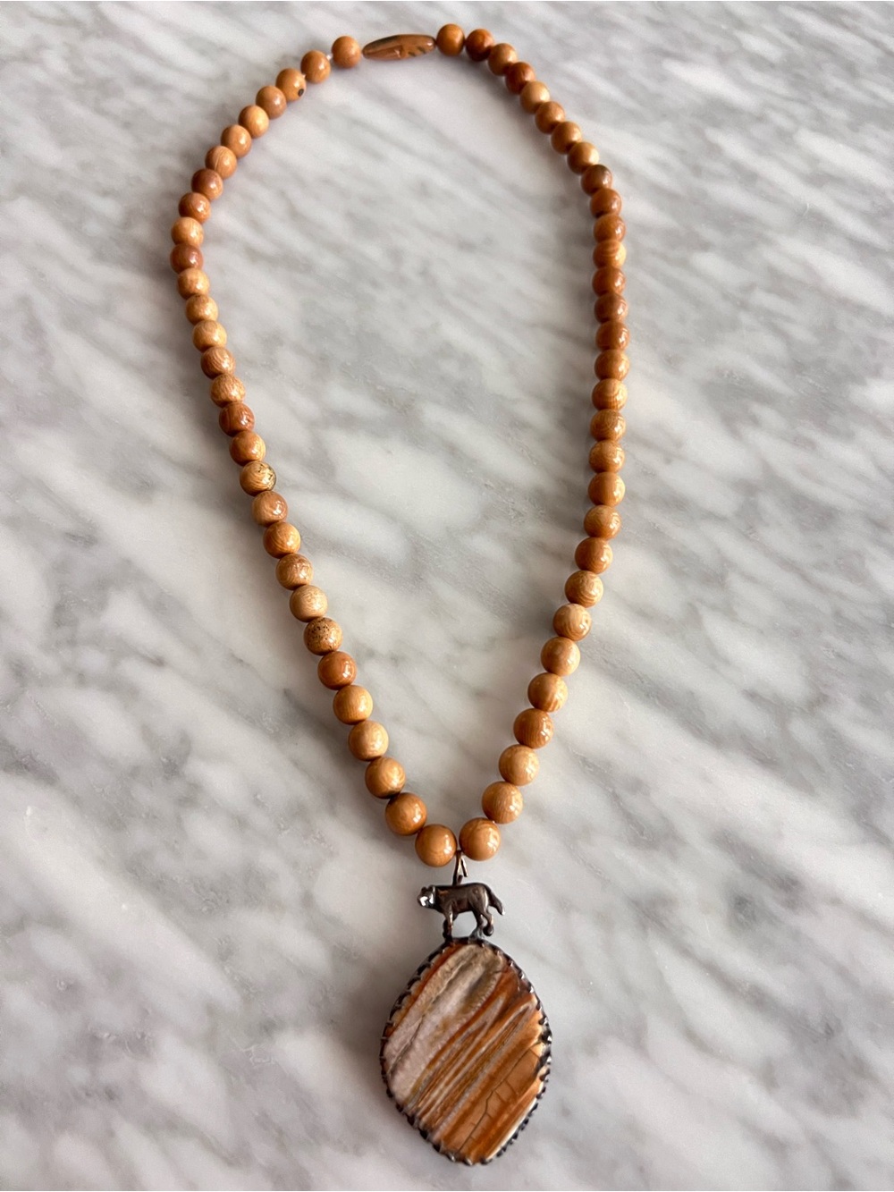 Natural Brown Beaded Necklace with Stone Pendant
